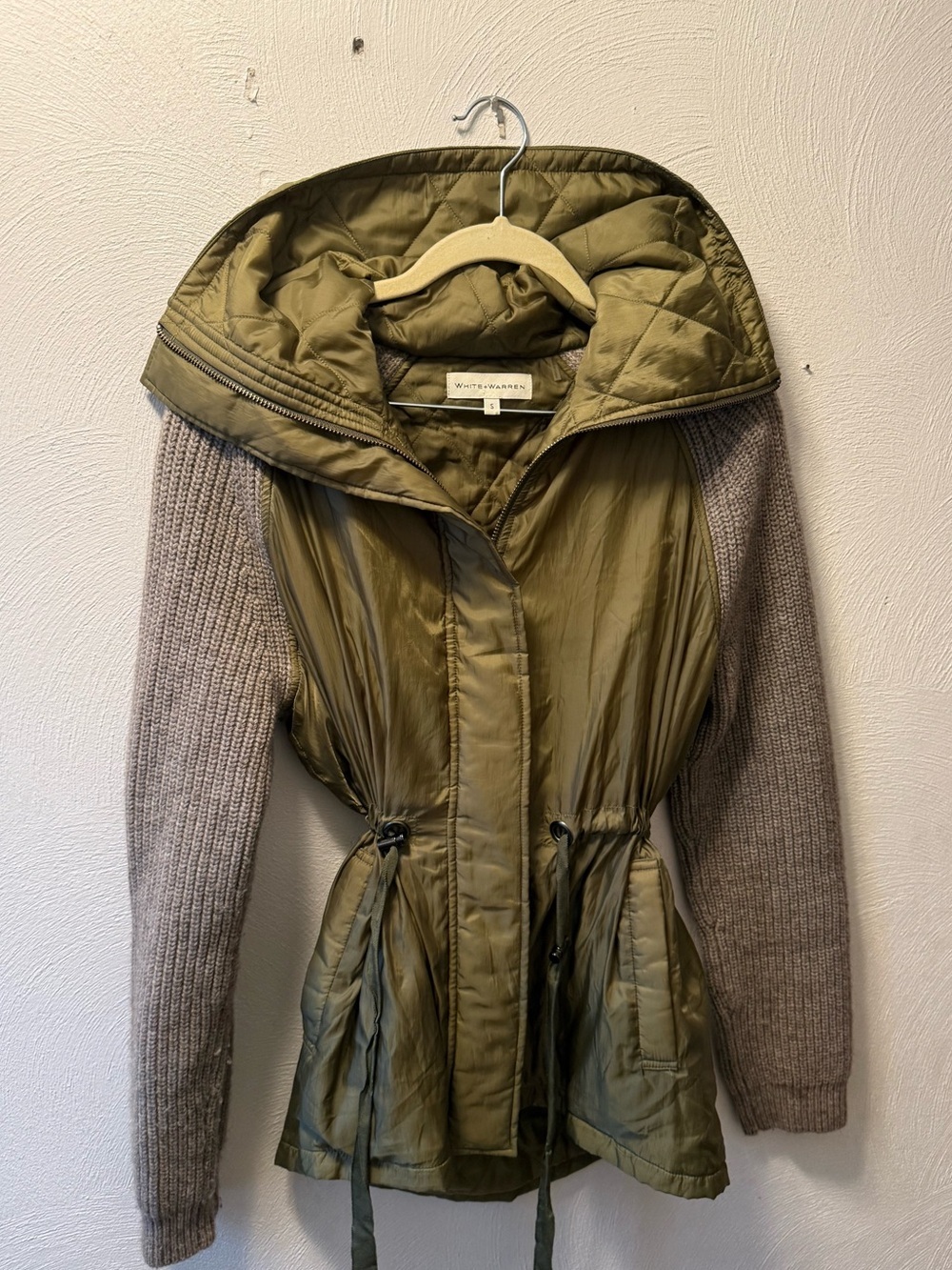 White + Warren Olive Yak Wool Quilted Blend Knit Sleeve Jacket Coat Utility S - Picture 2 of 6